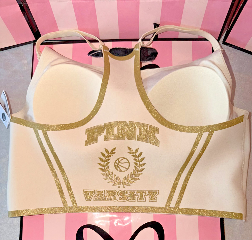 Victorias Secret PINK Sports Bra Varsity Long Line Gold Logo Limited Ed. Medium
